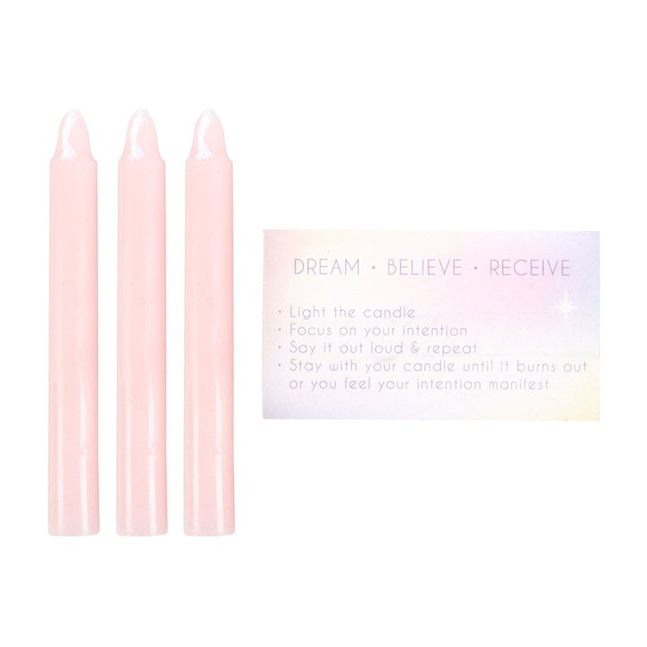 3 Manifestation Spell Candles in a Box front pink white