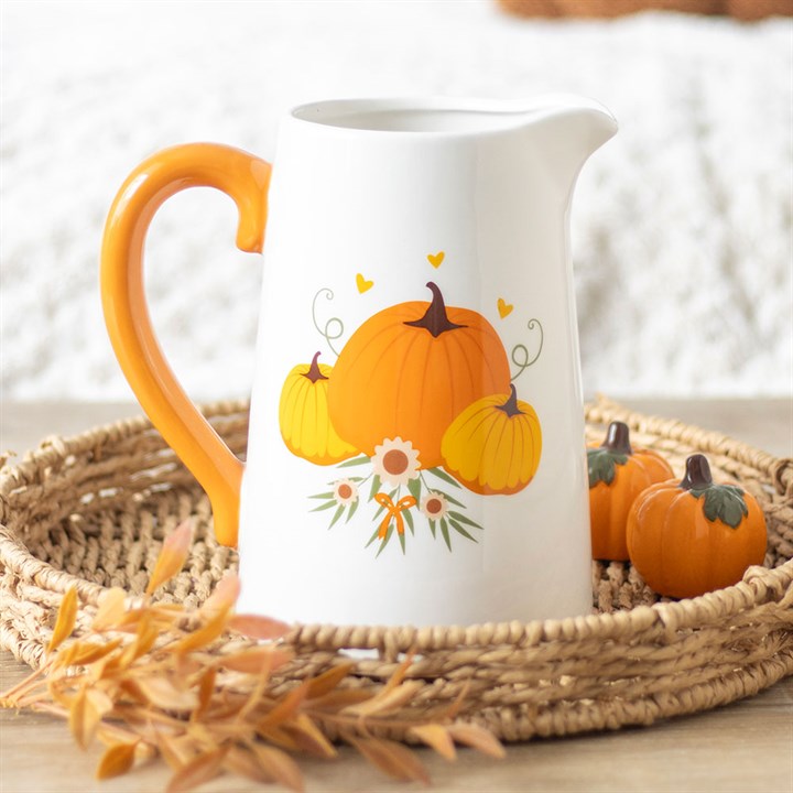 Autumn Pumpkin Ceramic Flower Jug front White orange