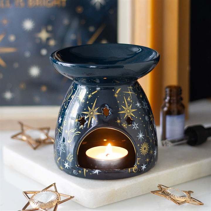 Blue Starry Night Oil Burner and Wax Warmer front black gold