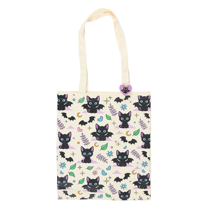 Cute and Creepy Cat Print Polycotton Tote Bag with Enamel Pin N/A