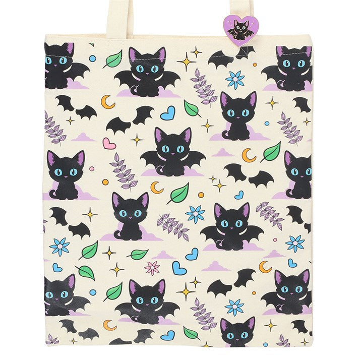 Cute and Creepy Cat Print Polycotton Tote Bag with Enamel Pin N/A