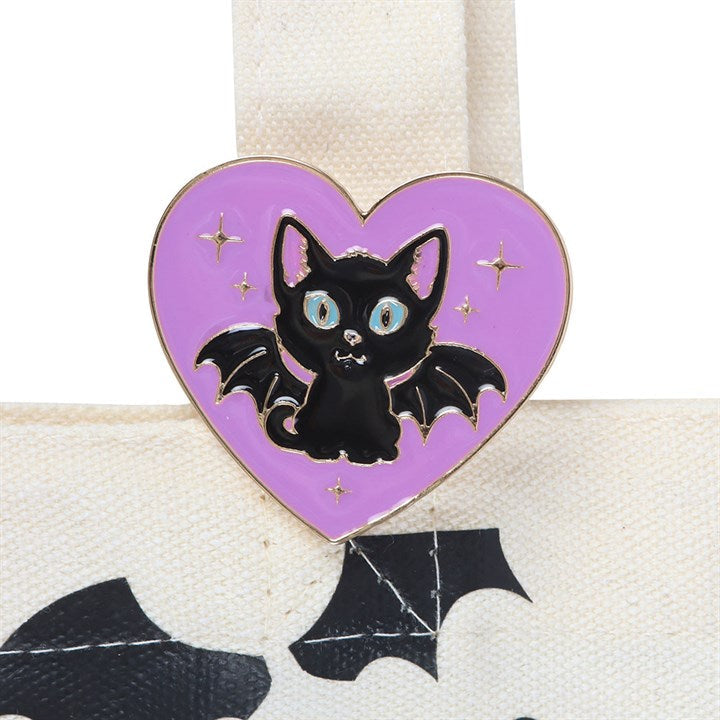 Cute and Creepy Cat Print Polycotton Tote Bag with Enamel Pin N/A