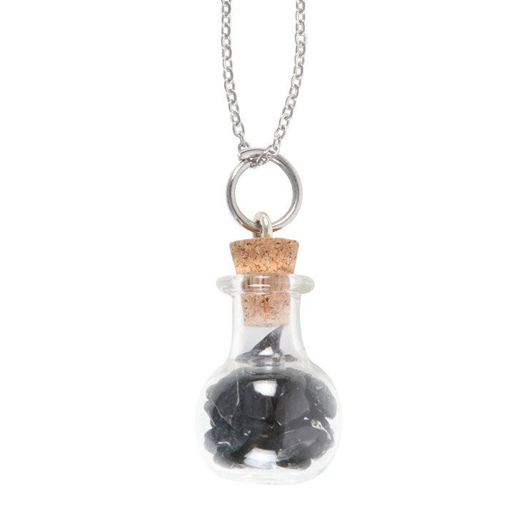 Protection Black Obsidian Crystal Chip Potion Bottle Necklace N/A