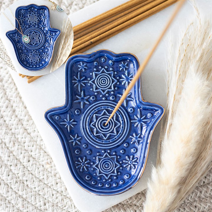 Dark Blue Hand of Hamsa Incense Holder and Trinket Dish N/A