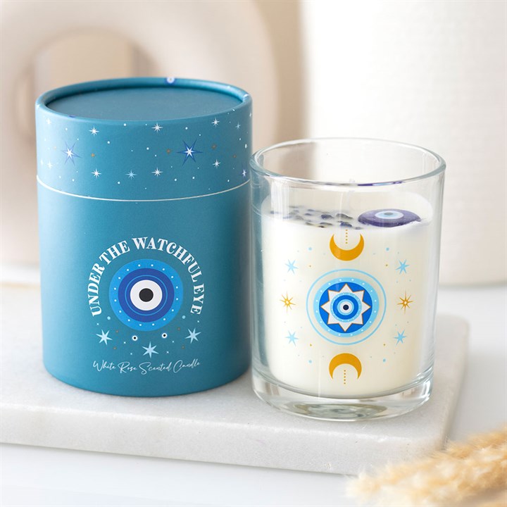 Under Watchful Eyes White Rose Candle with Crystals N/A