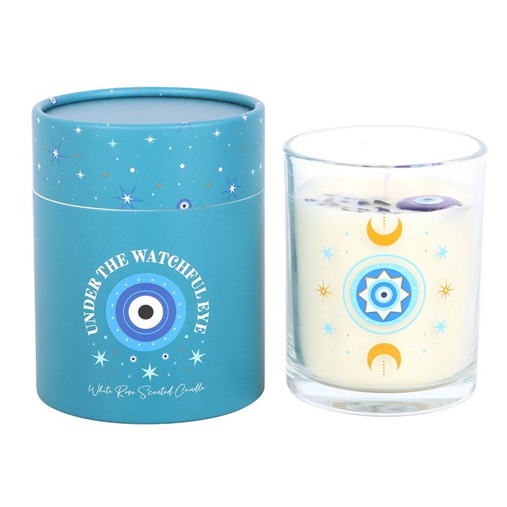 Under Watchful Eyes White Rose Candle with Crystals N/A
