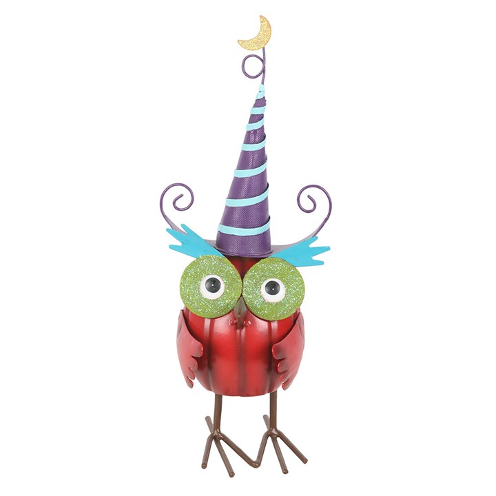 Red Metal Owl Ornament with Witch Hat N/A