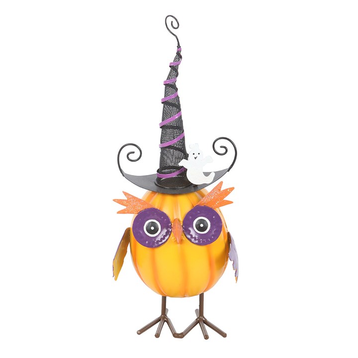 Orange Metal Owl Ornament with Witch Hat and Ghost N/A