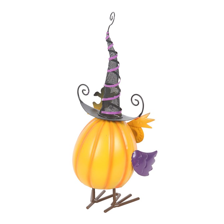 Orange Metal Owl Ornament with Witch Hat and Ghost N/A