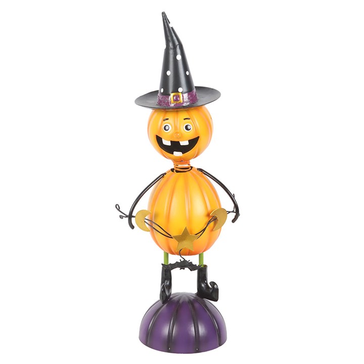 Orange Metal Pumpkin Man Ornament with Witch Hat N/A