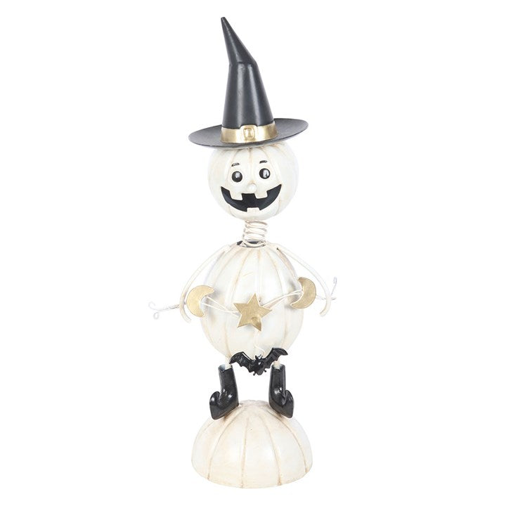 White Metal Pumpkin Man Ornament with Witch Hat N/A