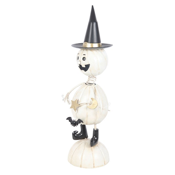 White Metal Pumpkin Man Ornament with Witch Hat N/A