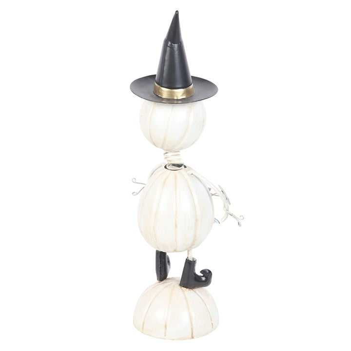 White Metal Pumpkin Man Ornament with Witch Hat N/A