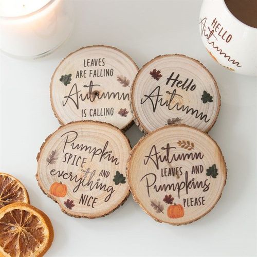 Hello Autumn Wood Slice Coaster Set Top Brown Beige