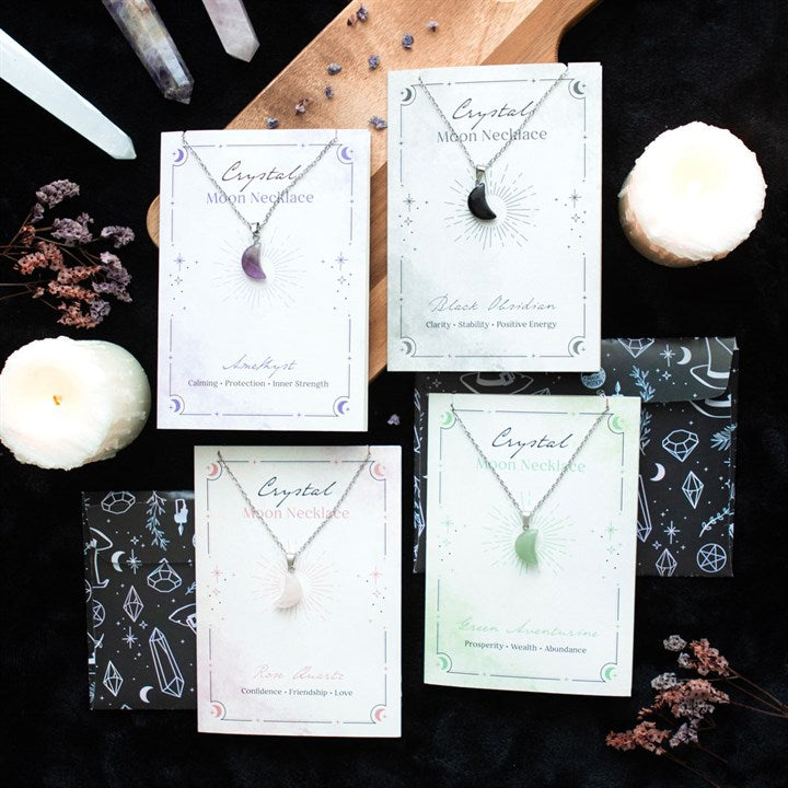 Black Obsidian Crystal Moon Necklace on Greeting Card N/A
