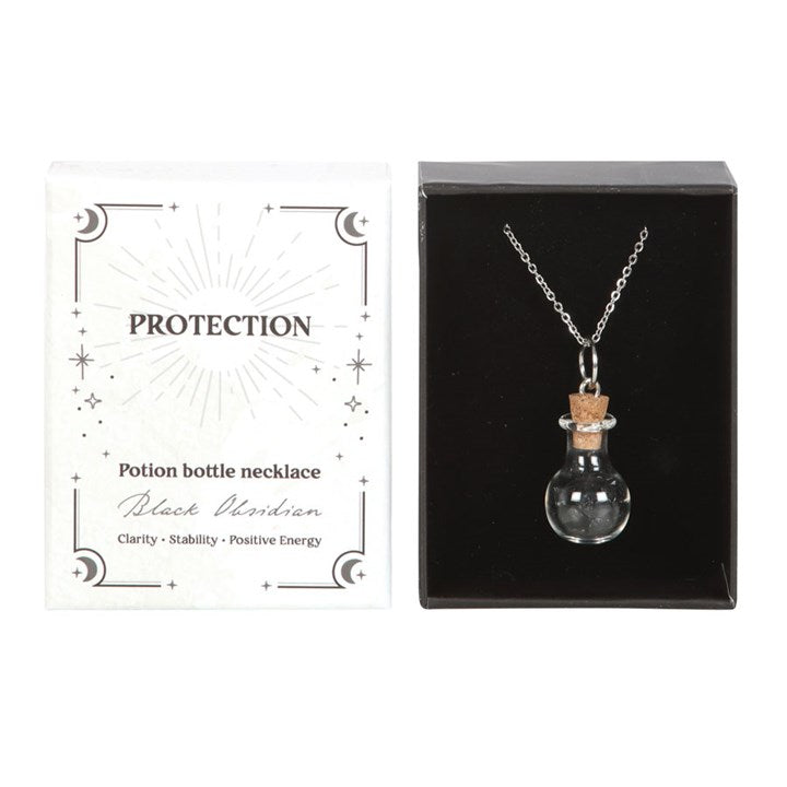 Protection Black Obsidian Crystal Chip Potion Bottle Necklace N/A