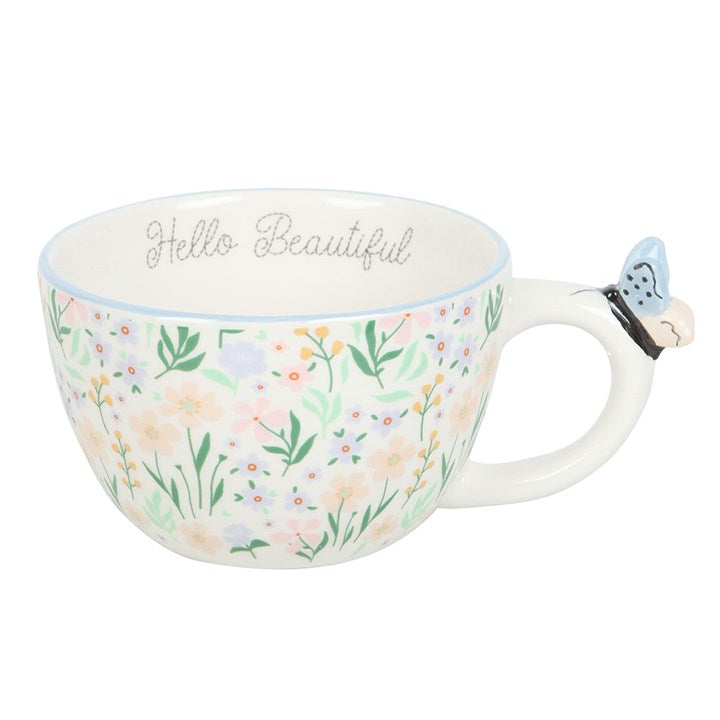 Hello Beautiful Ditsy Floral Print Mug with Butterfly N/A