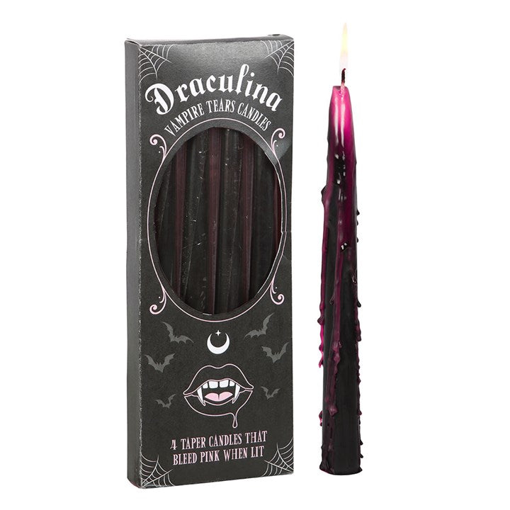 Set of 4 Pink Vampire Tears Taper Candles Front Black Pink