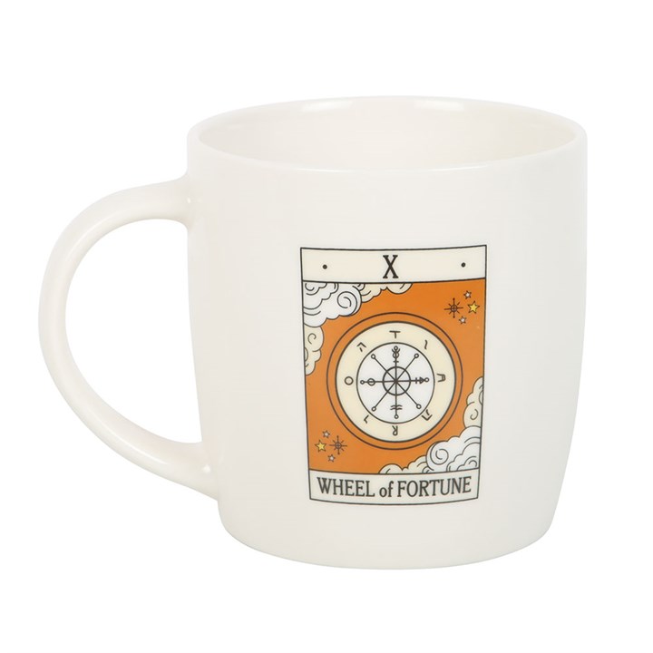 The Wheel of Fortune Vintage Tarot Mug Front White Orange