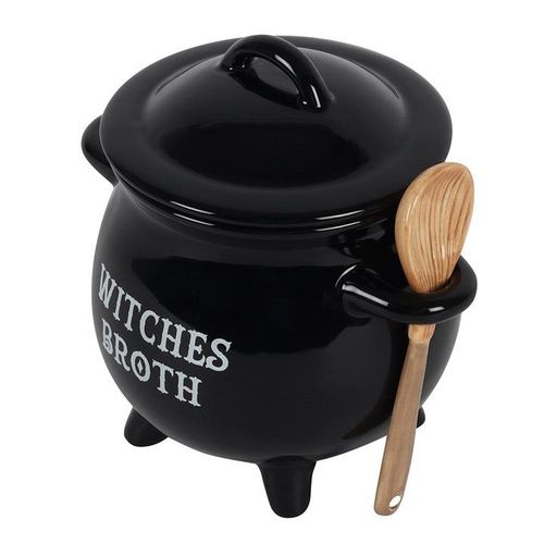 Witches Broth Cauldron Soup Bowl with Broom Spoon side black white