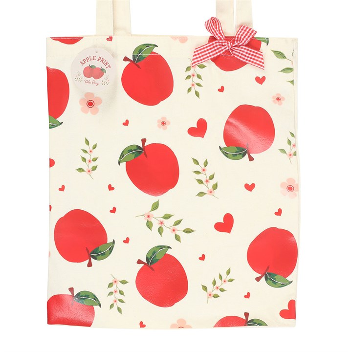 Apple Print Polycotton Tote Bag close up red white