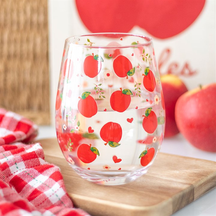 Apple Print Stemless Glass front red white