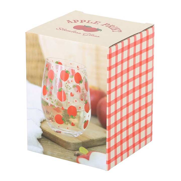 Apple Print Stemless Glass packaged red white
