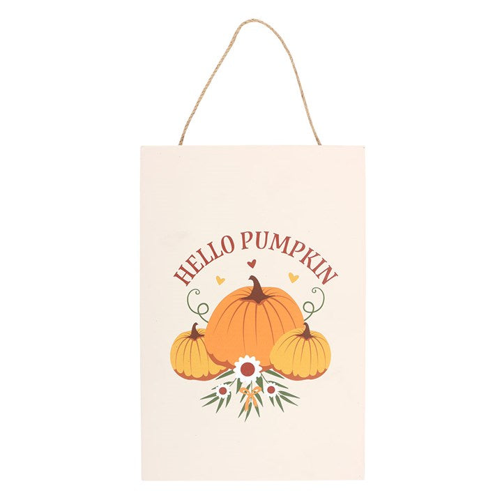Autumn Days Hello Pumpkin Hanging Sign front orange white