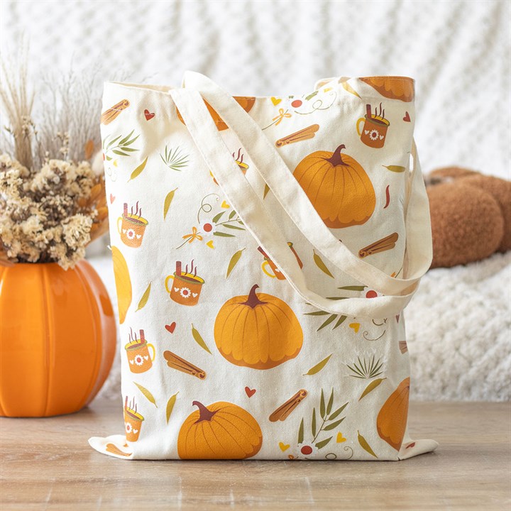 Autumn Days Print Polycotton Tote Bag front orange white