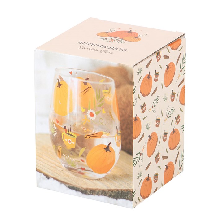 Autumn Days Print Stemless Glass packaged white orange