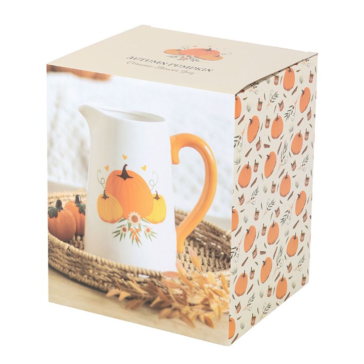 Autumn Pumpkin Ceramic Flower Jug packaged orange white