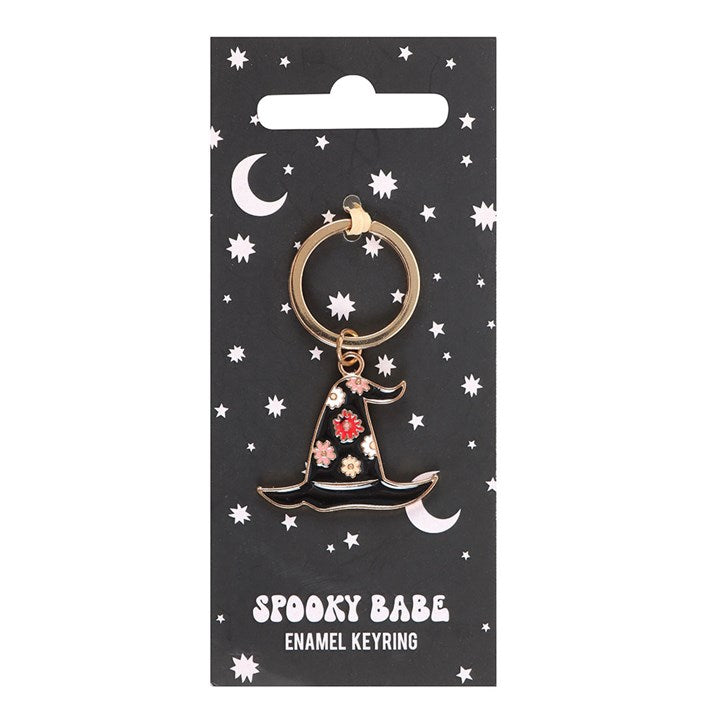 Spooky Babe Witch Hat Keyring front black white