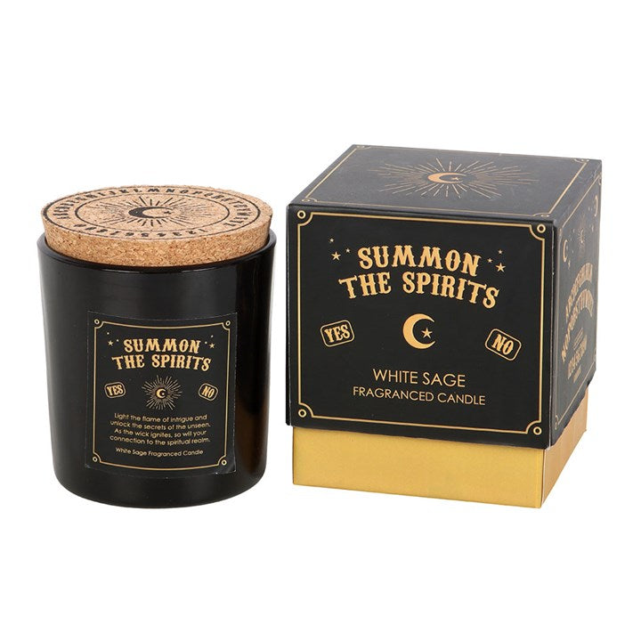 Summon the Spirits Talking Board White Sage Candle front black gold