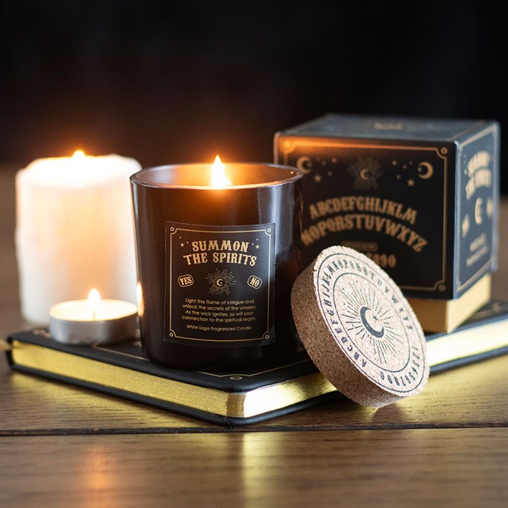 Summon the Spirits Talking Board White Sage Candle front black gold