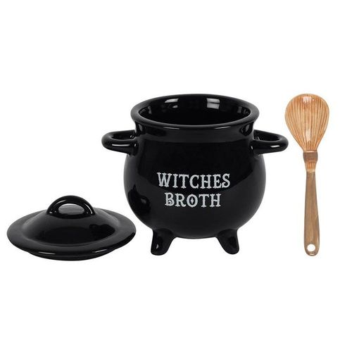 Witches Broth Cauldron Soup Bowl with Broom Spoon N/A