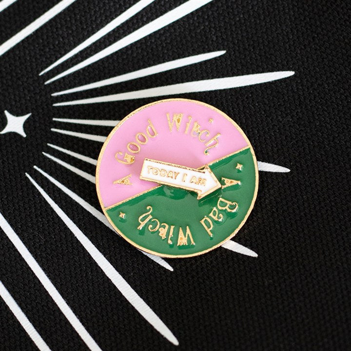 Which Witch Are You Spinning Pin Badge close up green pink