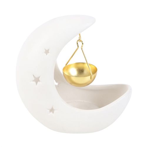 White Crescent Moon Hanging Oil Burner with Gold Dish front white gold