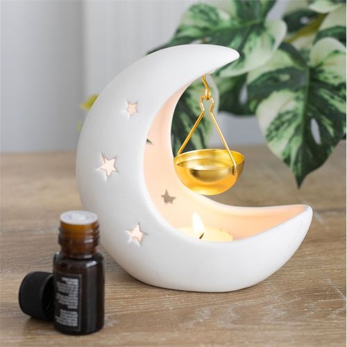 White Crescent Moon Hanging Oil Burner with Gold Dish front white gold