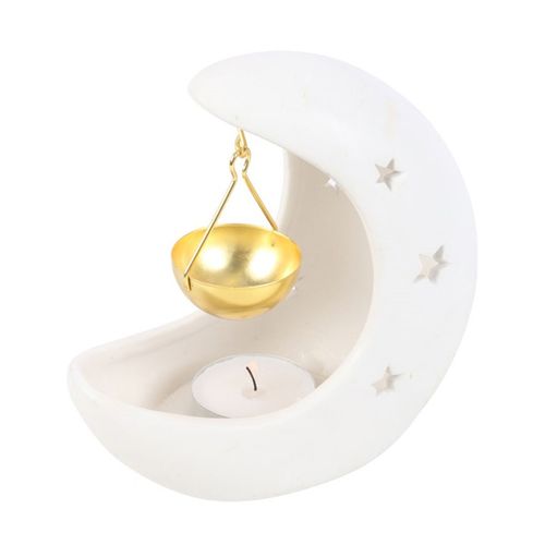 White Crescent Moon Hanging Oil Burner with Gold Dish side white gold