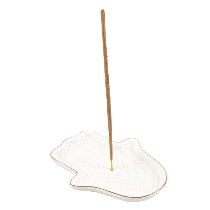 White Hand of Hamsa Incense Holder and Trinket Dish front white brown