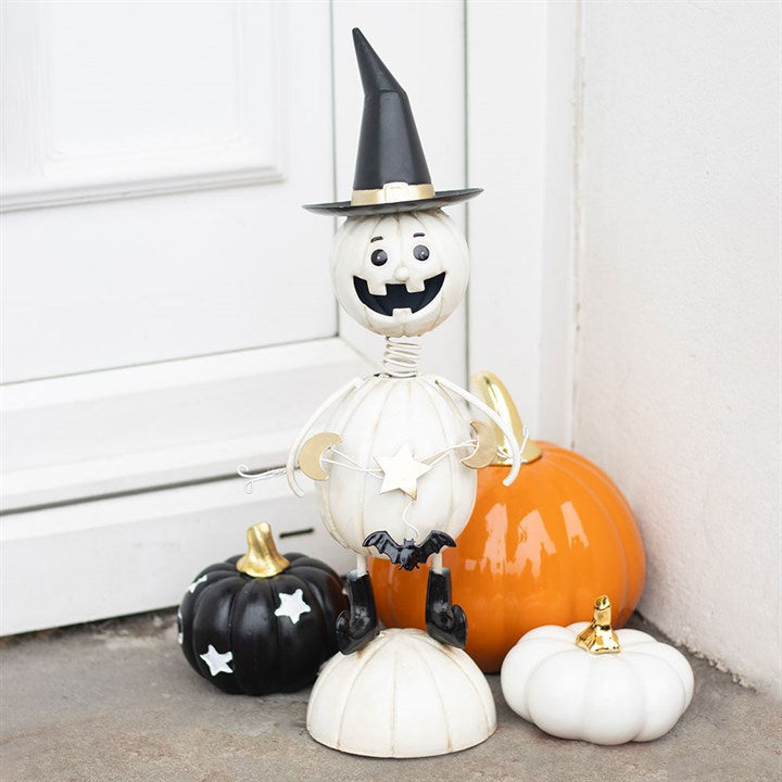 White Metal Pumpkin Man Ornament with Witch Hat front white black