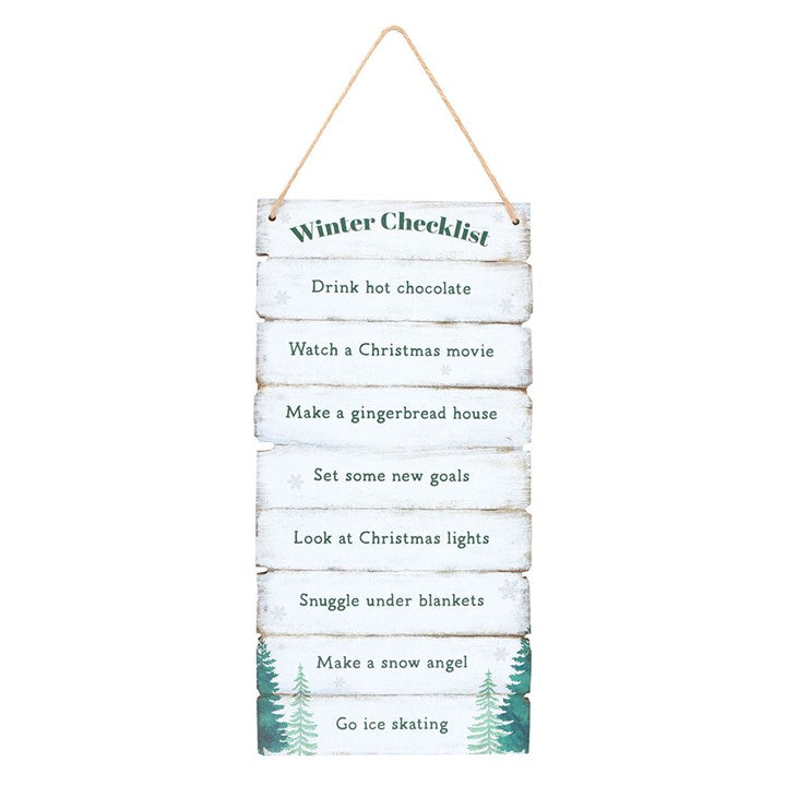 Winter Wonderland Checklist Hanging Sign front white black