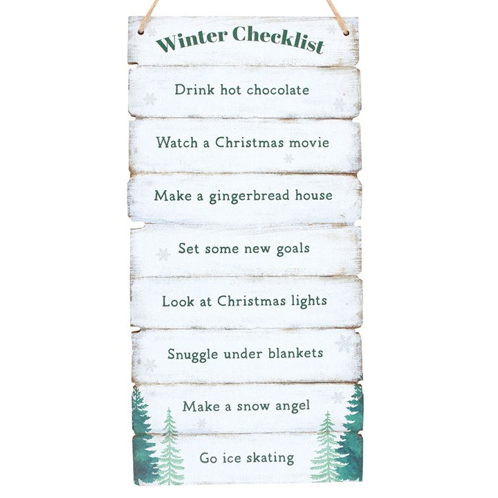 Winter Wonderland Checklist Hanging Sign front white black