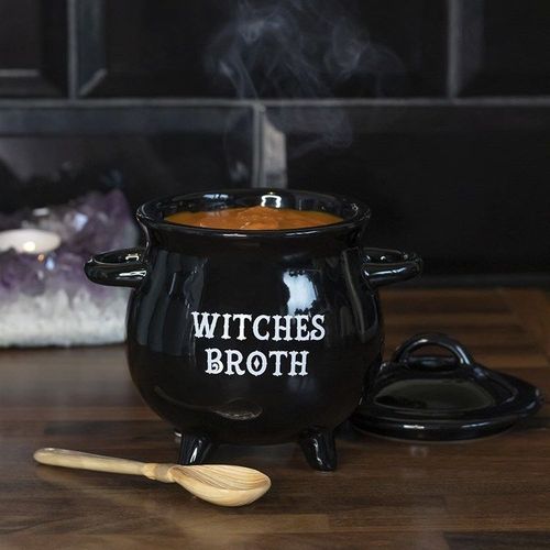 Witches Broth Cauldron Soup Bowl with Broom Spoon N/A