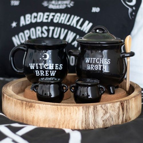 Witches Broth Cauldron Soup Bowl with Broom Spoon front black white