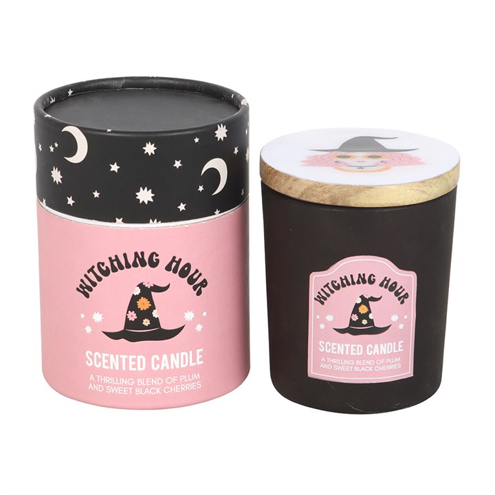 Witching Hour Plum and Black Cherry Candle front black pink