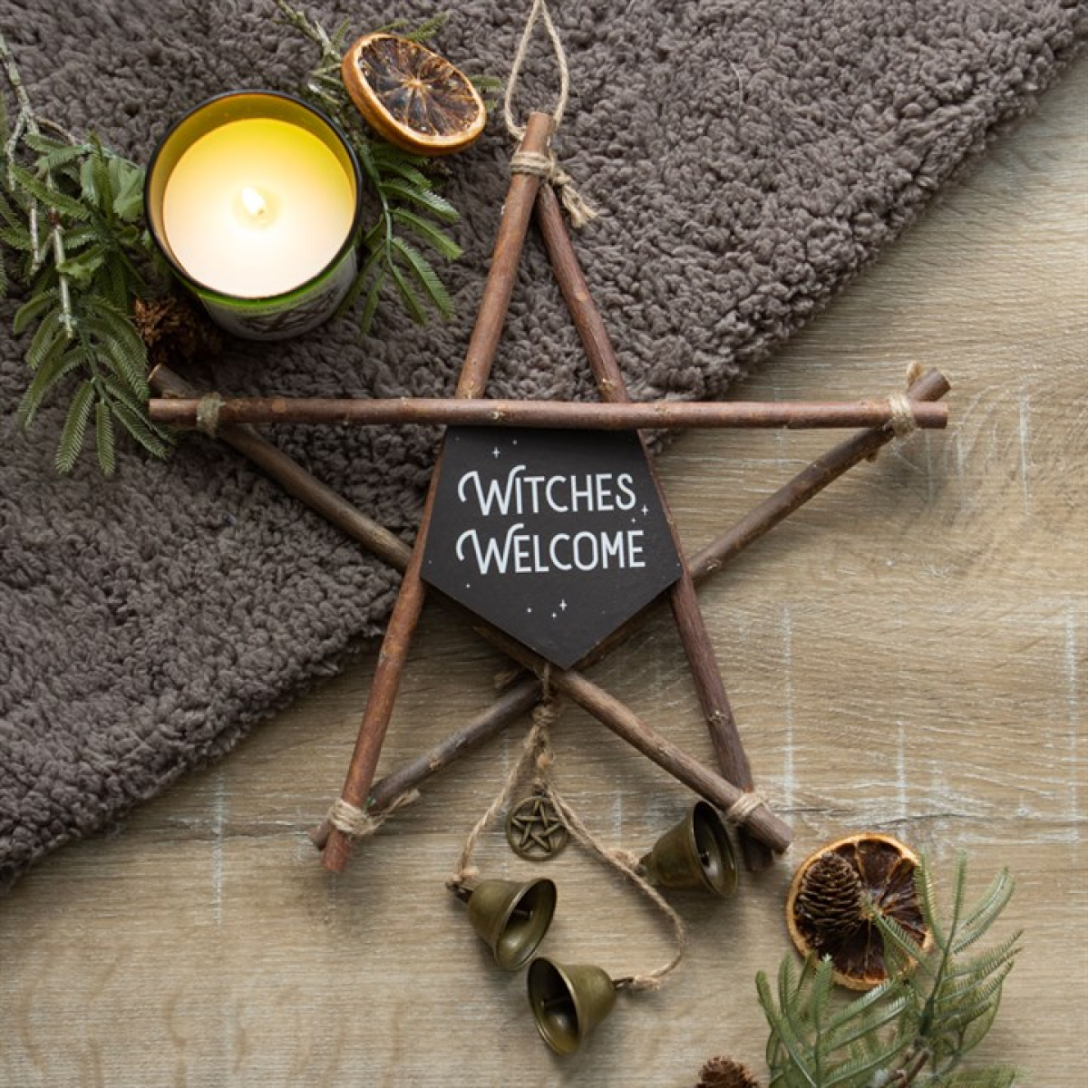 30cm Witches Welcome Willow Pentagram Sign with Bells N/A