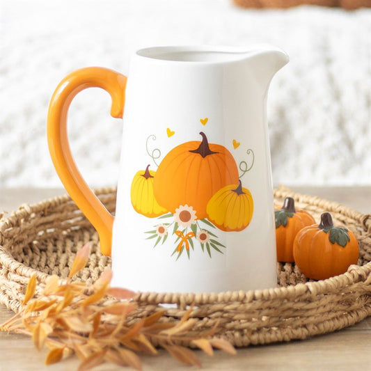 Autumn Pumpkin Ceramic Flower Jug front White orange
