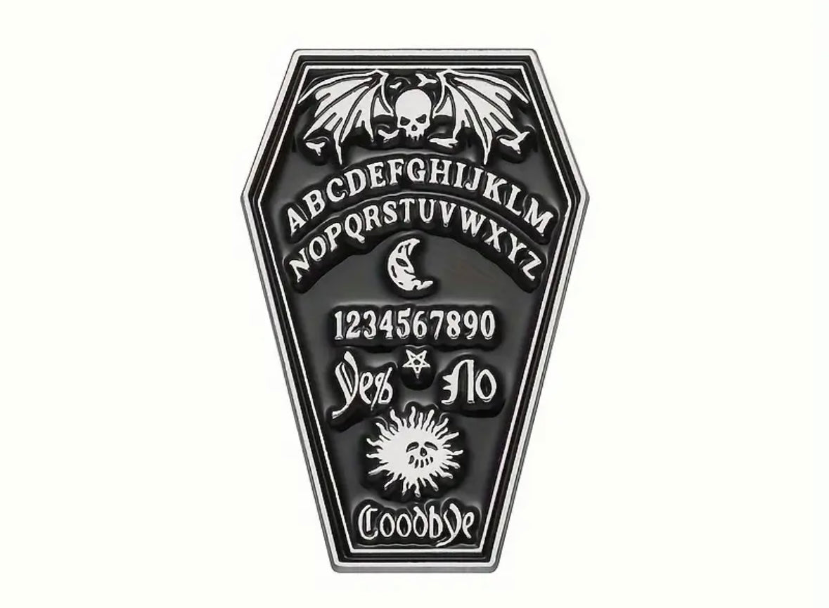 Silver plated coffin enamel pin