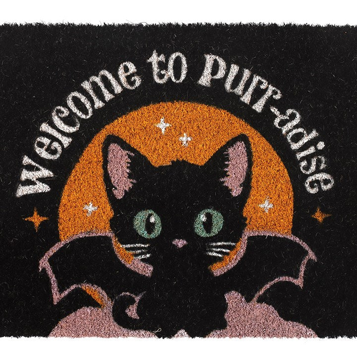 Black Welcome to Purr-adise Cat Doormat Top Black Orange